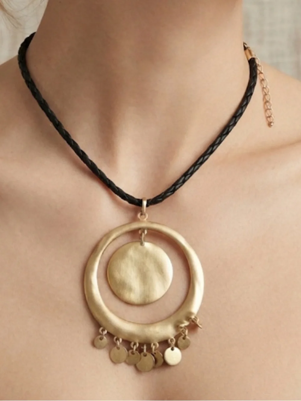 Avenue Gold-Tone Double Circle Pendant Necklace with Black Braided Cord
